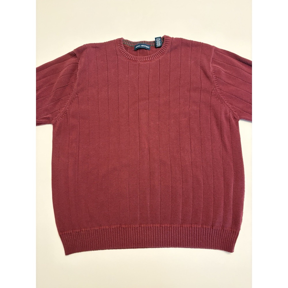 John Ashford Mens Large Red Ribbed Knit Sweater Cotton Crewneck Casual Pullover